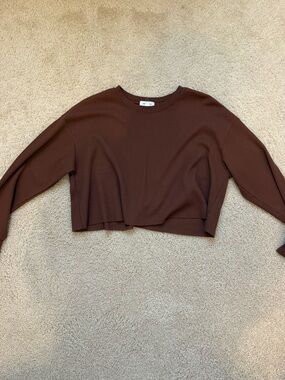 Forever 21 Cropped Waffle-Knit Long-Sleeve Top in Chocolate Brown